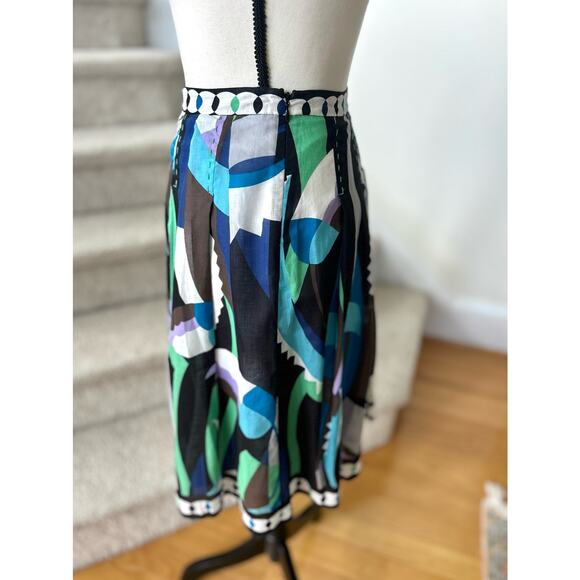 Elie Tahari Blue Green Black Mod Italian Printed A-Line Skirt - Picture 2 of 8